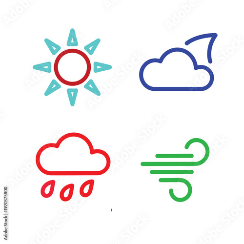 Weather icons for sunny, cloudy, rainy, and windy conditions