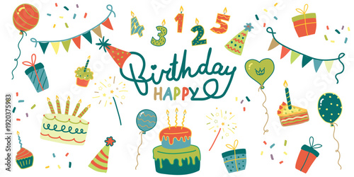 Colorful bundle birthday illustration set with balloons, cakes, gifts, firework and party hats