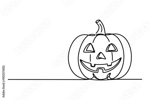 Black and white line of a smiling jack o lantern on a flat surface pumpkin Halloween 1 line black and white