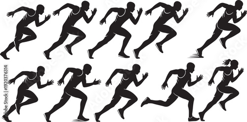 Silhouettes of multiple runners in various sprinting positions sequence