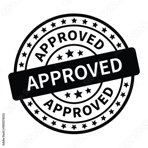 Circular approved stamp with stars and bold text on white background