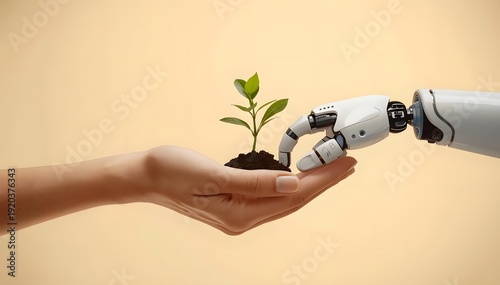 Human hand and robotic hand gently holding each other, tiny plant growing between fingers