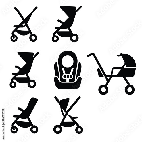 Black silhouettes depicting various baby carriers and child safety seats
