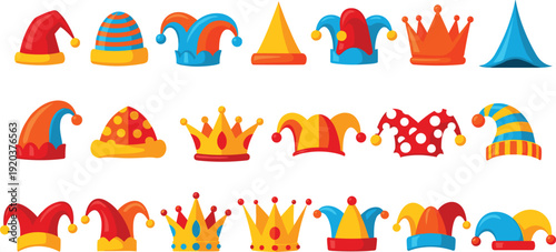 Vector illustration set of colorful jester hats and golden royal crowns for carnival party and celebration concepts