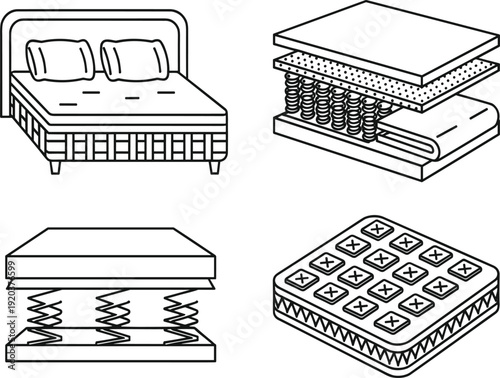 Vector line art illustration set of mattress anatomy showing internal springs foam layers and comfortable bedding for sleep concepts।