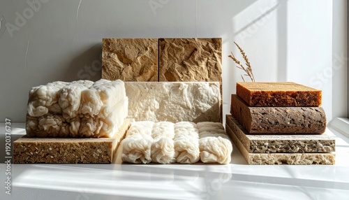 FlyPro Firefly showcasing a neat arrangement of various natural insulation materials like wool, cork, and hemp, presented as cohesive swatches.
