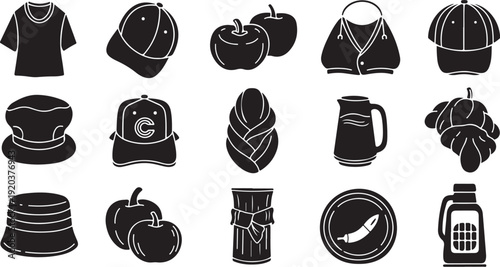 Black and white icons of food and clothing items