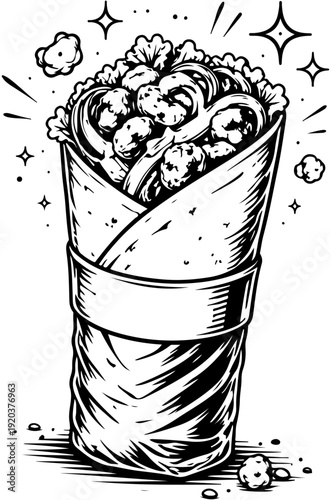 Vintage burrito wrap illustration with chicken and vegetables black and white Mexican street food icon