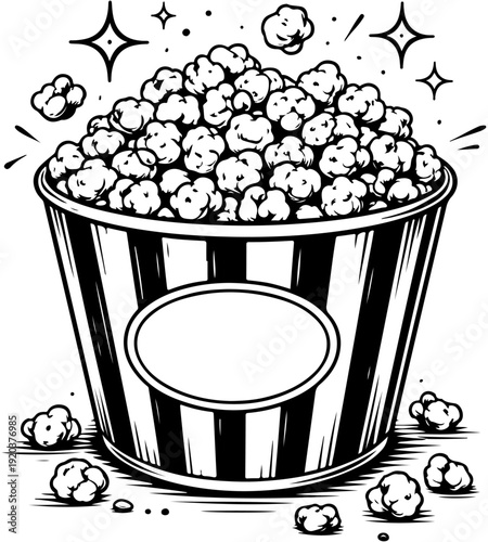 Vintage popcorn bucket illustration with striped container black and white cinema snack icon
