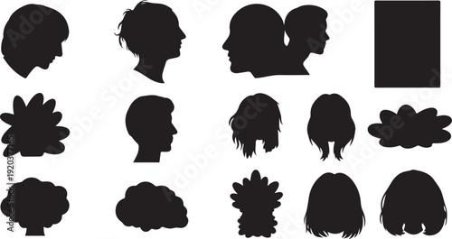 Collection of black silhouettes of various hairstyles and profiles