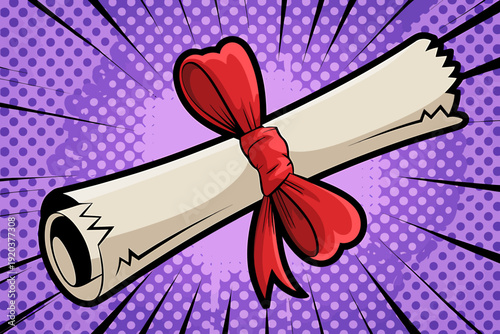 Comicstyle rolled up paper with red heart shaped ribbon tied around it