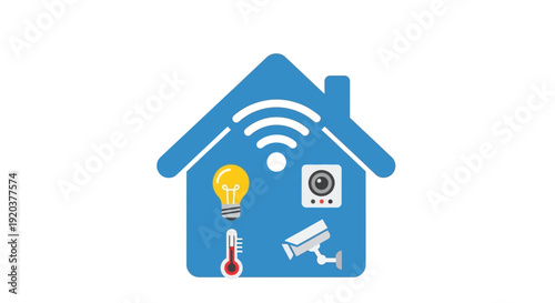 Illustration of a smart home with security lighting and temperature control icons