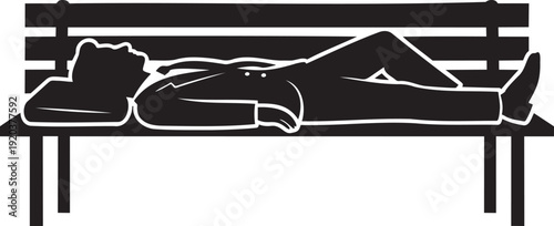 Silhouette illustration of a man sleeping or resting on a park bench.