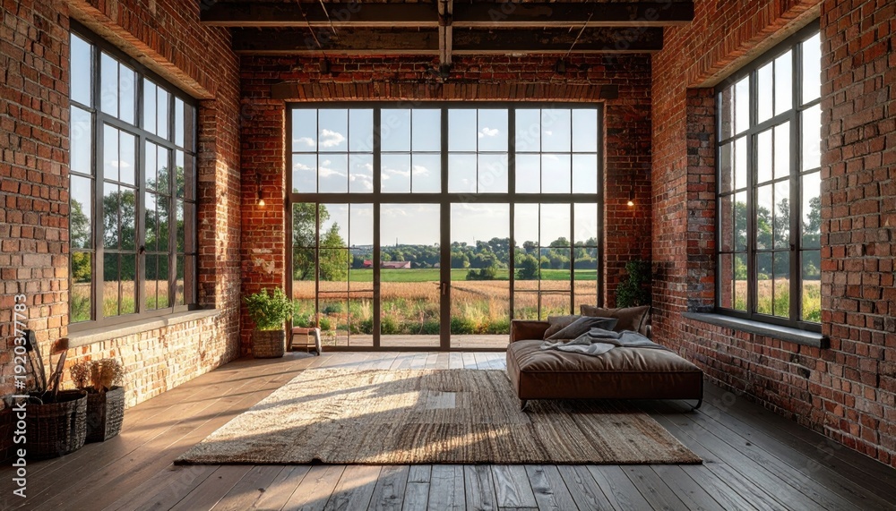 Fototapeta premium Renovated industrial farmhouse loft interior with large windows overlooking picturesque countryside views