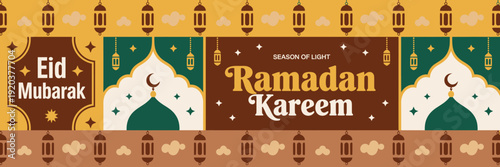 Ramadan Kareem Eid Mubarak Islamic holiday greeting card design with mosque domes and lanterns