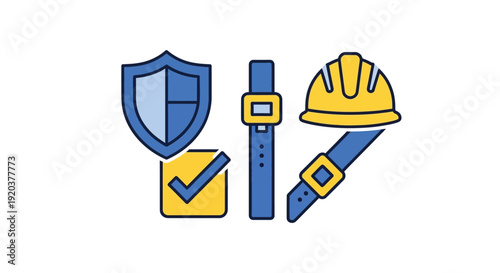 Safety equipment icons including a shield helmet belt and checkmark