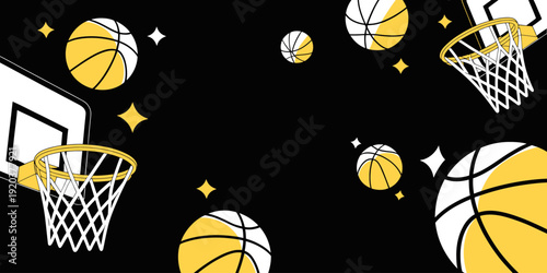 Basketball hoops and balls with stars on black background