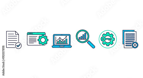 Business data analysis and management icons with graphs and gears on white background
