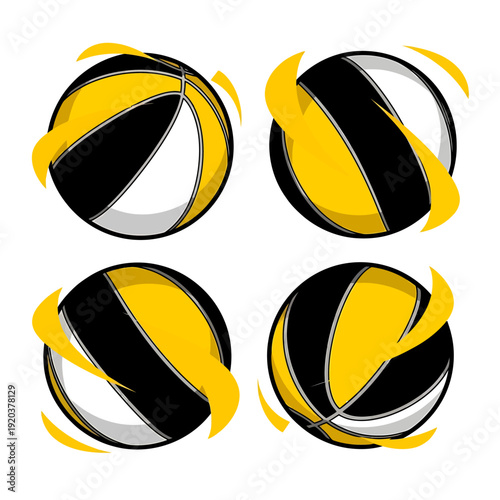 Yellow black and white swirling abstract spherical shapes on white background