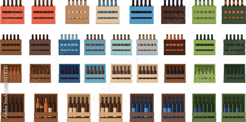 Vector illustration set of various plastic and wooden crates filled with beverage bottles for logistics and retail concepts।
