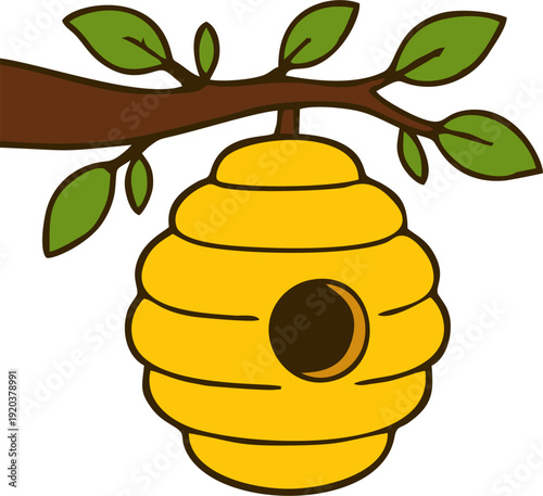 Beehive Hanging on Tree Branch with Leaves,