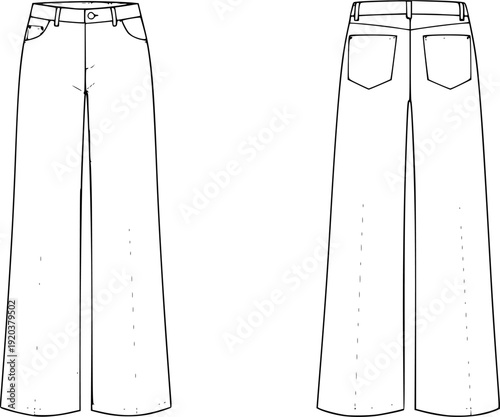 Women wide leg pants technical fashion illustration, casual trousers design sketches, front back views, minimalist apparel template, for modern collections