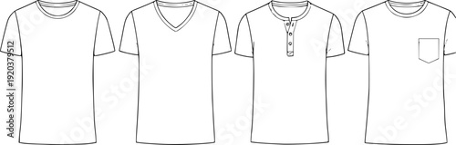 men t shirt technical drawing set, fashion flat sketch illustration, casual clothing design templates, front view variations, vector line art
