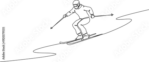 continuous line drawing of person skiing, line art vector illustration