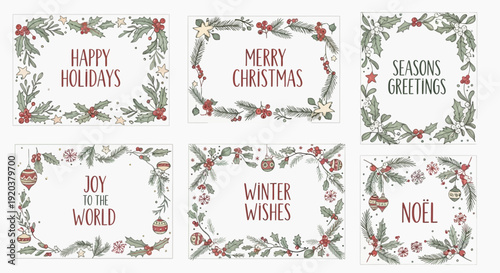 Six Christmas greeting cards with festive holly wreaths and holiday messages.