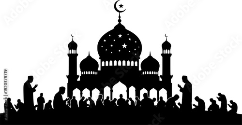 Silhouettes of people praying in front of a mosque with crescent moon and stars dome
