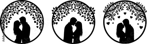 Three black and white silhouettes of couples kissing under leafy trees in circular frames with heart patterns

