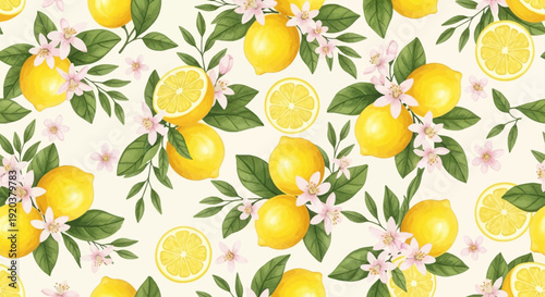 Vibrant Lemon Pattern with Green Leaves and Pink Flowers.