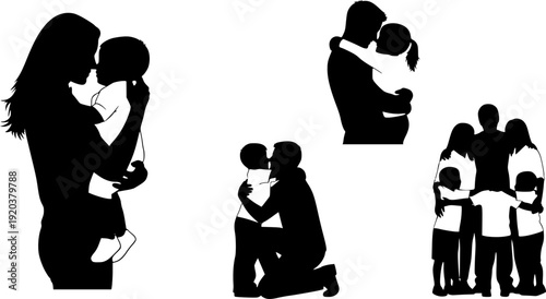 Silhouettes of parents and children in various affectionate poses on white background hugging

