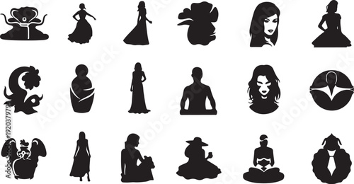 Various yoga poses and meditation silhouettes for mindfulness concept