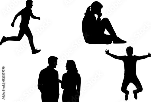Silhouettes of people engaging in various activities and poses on a white background
