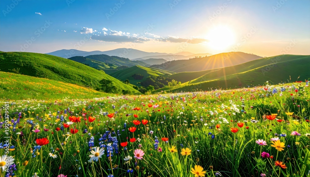 Fototapeta premium Sunlit Rolling Green Hills Adorned with a Vibrant Wildflower Meadow Under a Vast Blue Sky