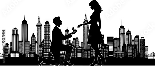 Man kneeling to propose with a ring to a woman in a city skyline background silhouette proposal
