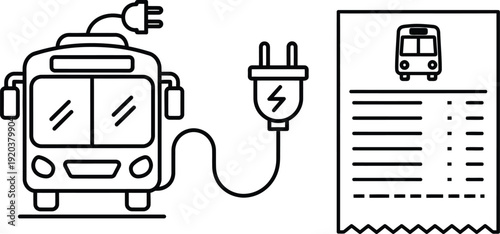 Electric Bus with Charging Cable and Ticket Receipt – Eco Public Transport Line Icon Vector