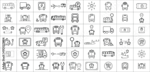 Bus and Public Transport Line Icons Set – Tickets, Stops and Route Vector