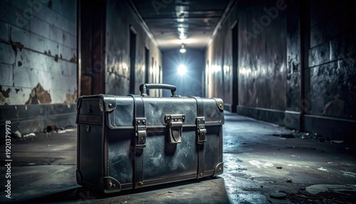An abandoned vintage leather briefcase rests in a dimly lit, derelict hallway, its presence a mystery.