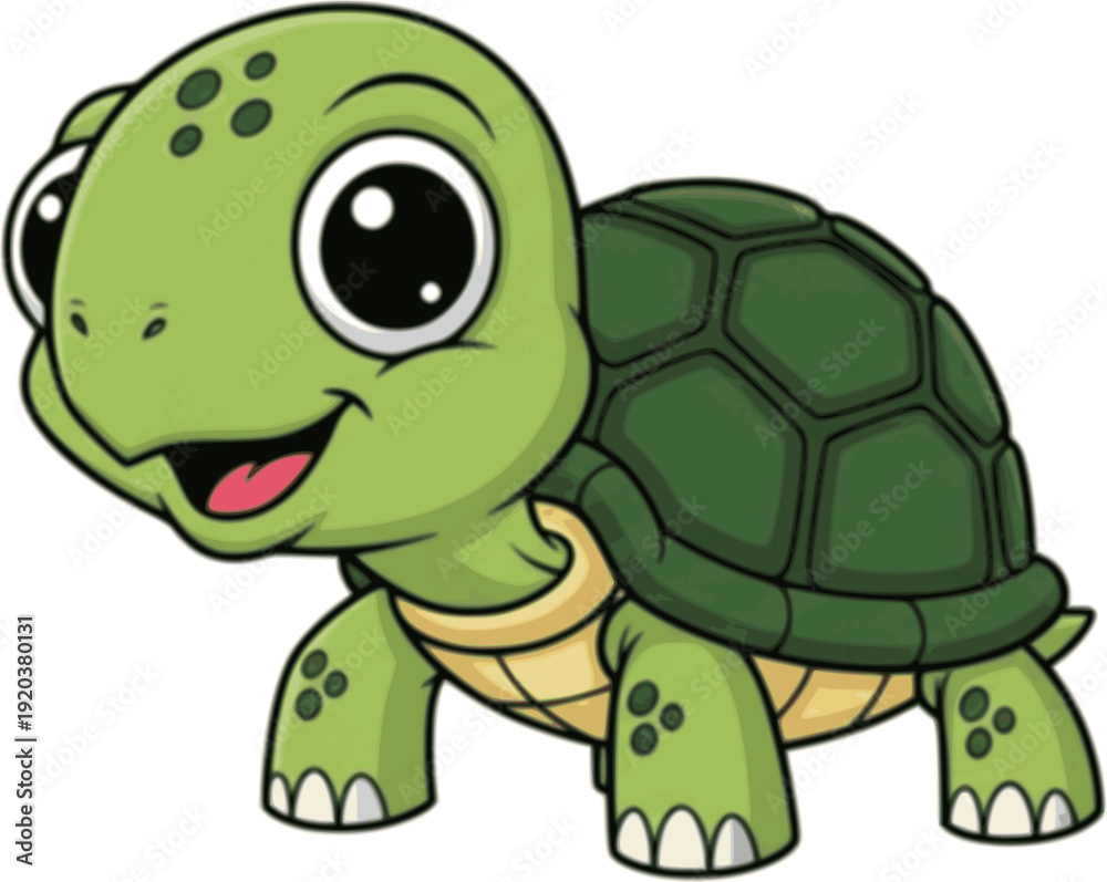 Fototapeta premium Cute cartoon green turtle with large eyes and a smiling expression on a white background 