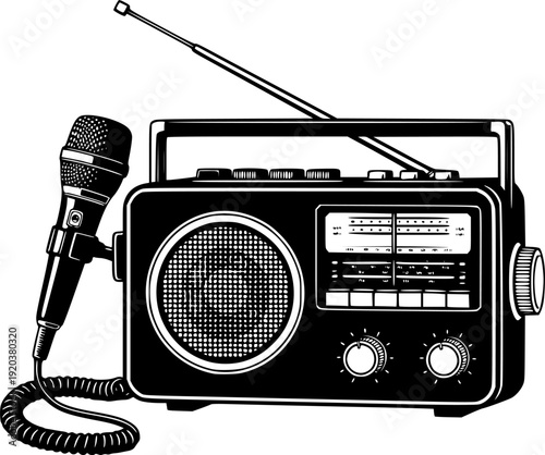 Black and white of a portable radio transceiver with attached microphone and antenna
