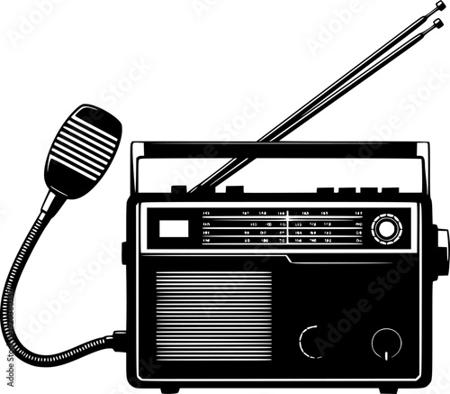 Black and white of a portable radio transceiver with attached microphone and antenna
