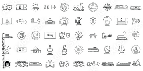 Railway and Train Transport Line Icons Set – Tickets, Stations and Metro Vector Outline