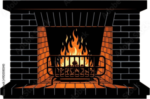 Brick fire place icon set, Fireplace with firewood vector icon collection
