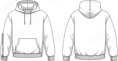 White Hoodie with Front Pocket and Drawstring Hood Displayed from Front and Back Views clothing front view
