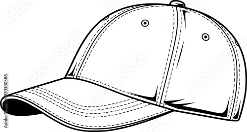 Black and white line of a baseball cap with detailed stitching and ventilation holes line black and white
