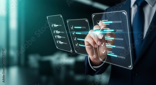 Businessman Using Digital Tablet with Interactive Virtual Holographic Checklist for Project Management and Task Completion