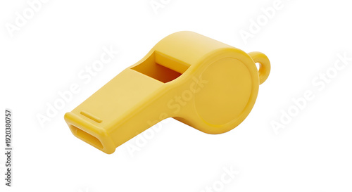 A bright yellow plastic whistle on a solid