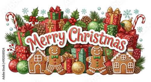 Vibrant Christmas illustration with gingerbread houses and festive decorations.